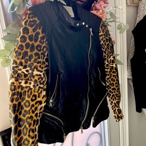 3.1 PHILLIP LIM BIKER JACKET WITH LEOPARD PRINT ARMS SIZE 10